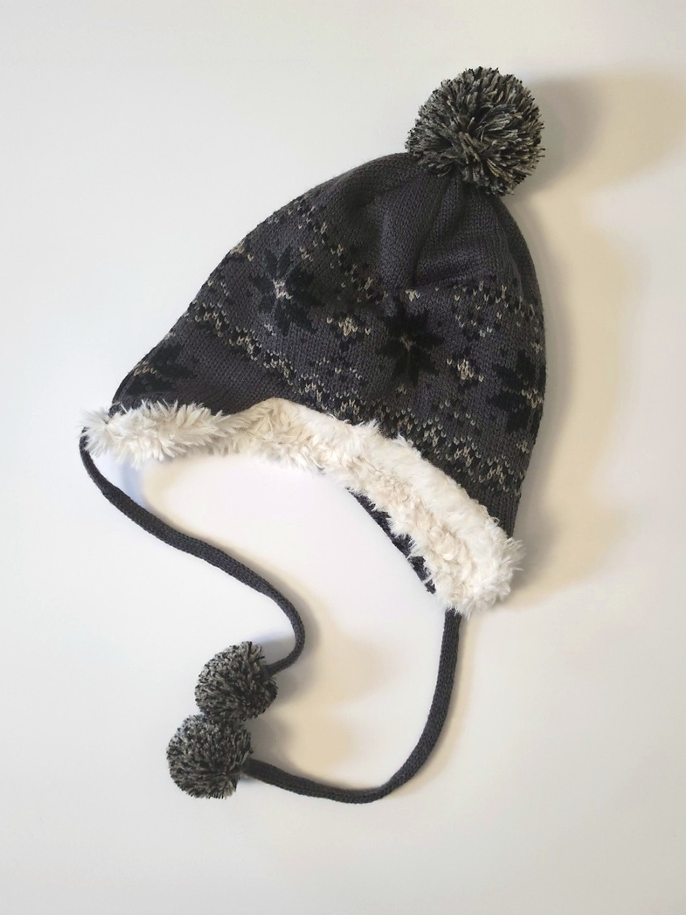 Kids Gray Fair Isle Nordic Trapper Hat Faux Fur Earflaps Pom Pom Winter Beanie